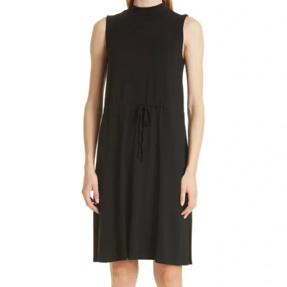 Eileen Fisher Mock Neck Tie Waist Sleeveless Black Dress Size L NWT